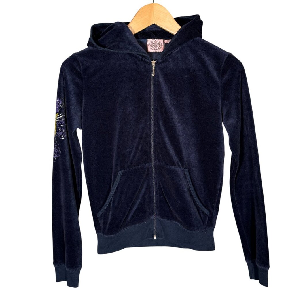 Juicy Couture Navy Blue Velour Hooded Zip Up Graphic Back Y2K XSP - Picture 2 of 9